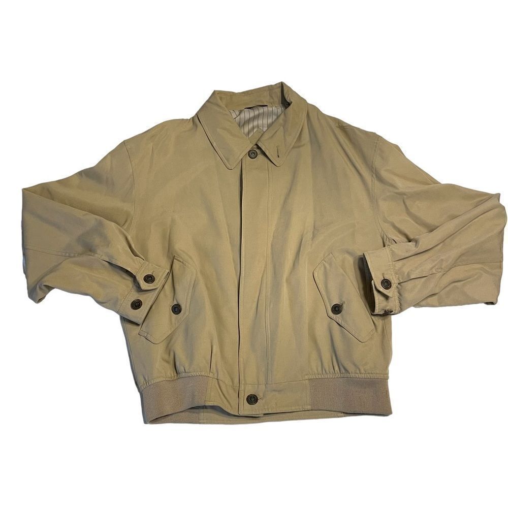 Sanyo Shokai silk and cotton blend tan rainwear bomber jacket Men’s size medium